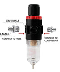 Airbrush Compressor Inline Regulator With Filter and Oil Water Trap, Pressure Gauge 0-100 PSI, G1/8 to G1/4 Adapter shown