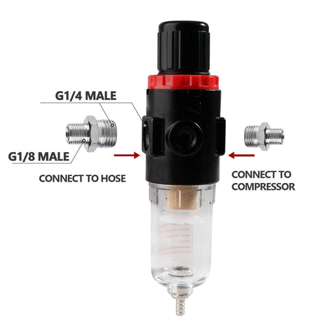 Airbrush Compressor Inline Regulator With Filter and Oil Water Trap, Pressure Gauge 0-100 PSI, G1/8 to G1/4 Adapter shown