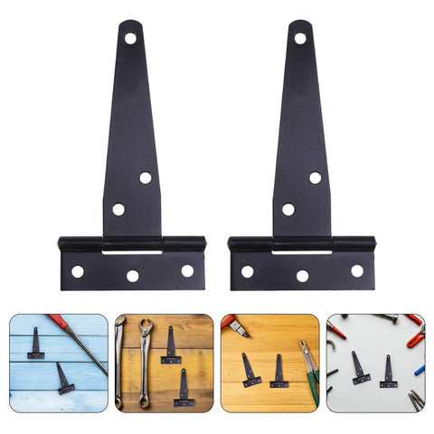 Heavy Duty T-Shaped Iron Door Hinges With Screws For Garden Gates And Big Cabinets, black hinges on wood surface