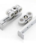 No Stress Stainless Steel Casters With Slick Bearing Rollers Retractable Four Wheel Sliding Door Pulley Kit components on white background.