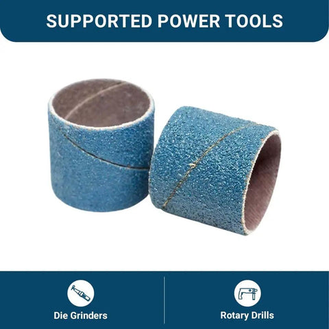 Hardcore 1X1 Inch Zirconia Spiral Sanding Bands Rotary Sander Attachment For Drill And Die Grinder Rust Removal Metal Wood Polish Knockout Finish 10 Pack 36 Grit, two sanding bands shown.