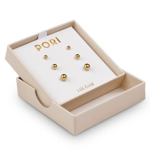 14K Solid Gold Ball Stud Earrings Three Pair Pack With 3mm 4mm And 5mm Sizes Yellow Color Finish And Butterfly Backings Great For Sensitive Ears Everyday Wear And Sparkle. 14K gold ball studs in gift box