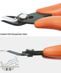 Pro Grade Micro Wire Cutter Pliers Flush Cutters with Ergonomic Handle and Angled Jaw, side view showing blade angle and handle