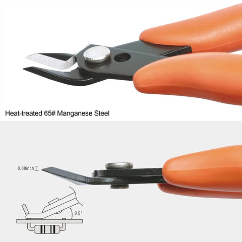 Pro Grade Micro Wire Cutter Pliers Flush Cutters with Ergonomic Handle and Angled Jaw, side view showing blade angle and handle