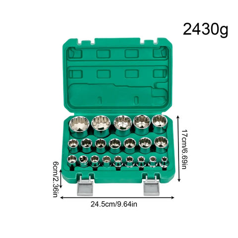 Heavy Duty 12 Point Socket Set Mechanic Tool Kit With Storage Case Adapter, green case, 24.5cm, 2430g