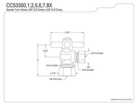 Technical drawing of Vintage Five Eighths By Three Eighths Compression Angle Stop Valve With Handle In Brushed Brass Finish