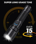 Rechargeable Flashlights 99000 Lumens Super Bright LED with 15 Hour Runtime showing long usage time and glowing LED light
