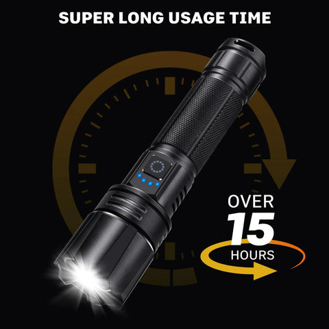 Rechargeable Flashlights 99000 Lumens Super Bright LED with 15 Hour Runtime showing long usage time and glowing LED light