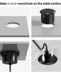 Sleek Flush Mount Power Grommet Featuring Four Standard Outlets And Four USB C Fast Charging Ports, black dual sided design with visible hole installation.