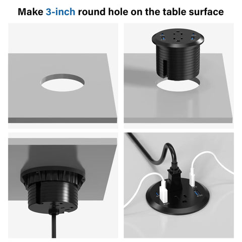 Sleek Flush Mount Power Grommet Featuring Four Standard Outlets And Four USB C Fast Charging Ports, black dual sided design with visible hole installation.