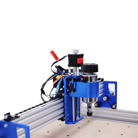 Close-up of Badass 3 Axis CNC Router Station with detailed spindle and motor setup for precision carving on acrylic and MDF.