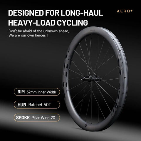 Aero Plus Gravel Wheels With Wing 32mm Inner Width Carbon Wheelset, 20 Spokes, displayed with Ratchet System Bearing Hub.