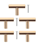 5 Pack Golden Cabinet Pull Handles Single Hole T Bar Style for Cabinets Wardrobe Doors Drawers with screws