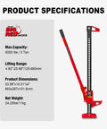 33 Inch Ratcheting Off Road Utility Farm Jack 3 Ton Capacity with lift specifications and dimensions displayed