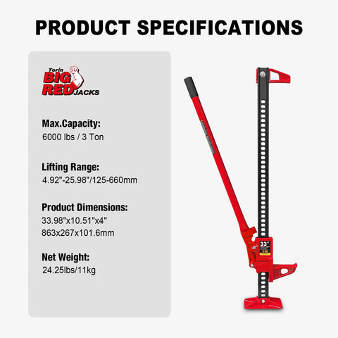 33 Inch Ratcheting Off Road Utility Farm Jack 3 Ton Capacity with lift specifications and dimensions displayed