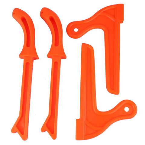 Four Pack Table Saw Push Blocks Orange Safety Plastic Woodworking Push Sticks With Ergonomic No Slip Grips Easy Glide On Table Saw And Jointer Durable Jobsite Ready Hand Protection For Smooth Safe Precise Cuts, showing four orange plastic push sticks against white background.
