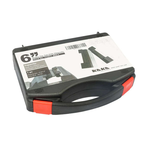 6 Inch Magnetic Vise Mount Metal Brake Bender packaging with handles for 14 gauge steel and 1/8 inch aluminum, 3 removable fingers included.