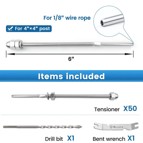 Fifty Pack One Eighth Inch Cable Railing Hardware Kit with Hand Swage Threaded Stud Tensioner for Four by Four and Two by Two Wood or Metal Posts in T316 Stainless Steel for Deck Cable Railing System CR39