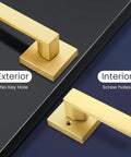 2 Pack Gold Dummy Door Handles For Interior Doors, showing exterior without keyhole and interior with screw holes