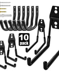 Heavy Duty Wall Garage Hooks Set Steel Anti Slip Utility Hangers For Ladders Bikes Hose Garden Tools Coats And Gear Rustproof Includes Mounting Hardware Black 10 Pack, shown with screws and anchors.