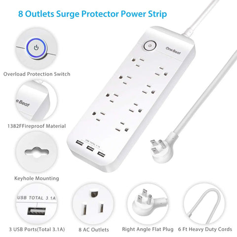 Power Strip Surge Protector With Eight Outlets And Three USB Ports For Fast Charging, 6ft Flat Plug Extension Cord