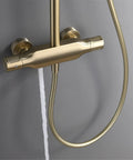 UMJIGF 10 Inch Shower System Brushed Gold Shower Faucet Set showing dual handle mixer with brass finish and water flow.