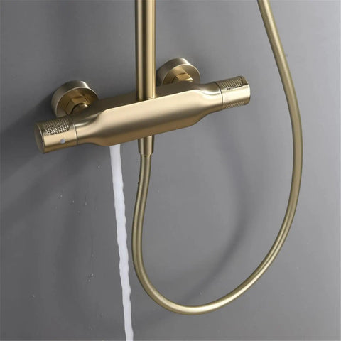 UMJIGF 10 Inch Shower System Brushed Gold Shower Faucet Set showing dual handle mixer with brass finish and water flow.