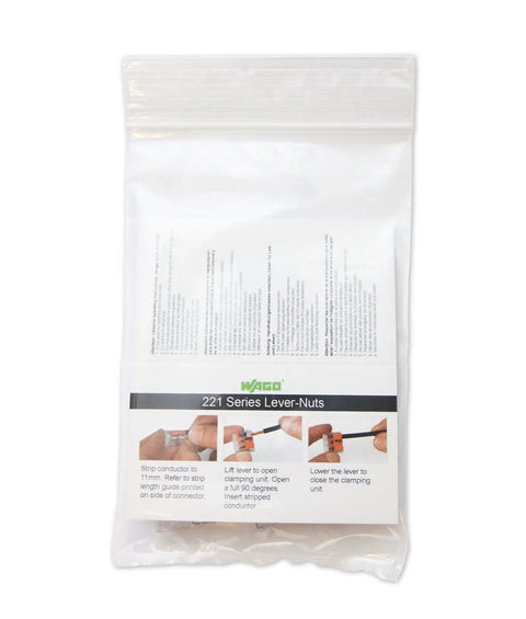 Bag of Lever Nuts 221-415 5 Conductor Compact Connectors 10 Pack For Fast DIY Friendly Wire Splices with instructions visible
