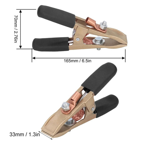 Heavy Duty Brass Welding Ground Clamp Rated For 500 Amps With Large 60mm Jaw Opening For Secure Earth Clip Hookups On Cars And Heavy Power Train Manufacturing Jobs You Can Count On Today, showing 165mm length and 70mm width.
