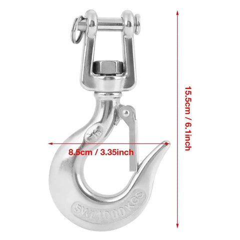 Rock Solid 304 Stainless Steel Swivel Lifting Hook Heavy Duty Up To 1000Kg shown in close-up, measuring 8.5cm x 15.5cm for rigging.