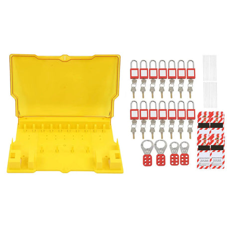 Lockout Tagout Station Kit With Padlocks, Keys, Hasps, Hangtags And Visual Management Board, Secure Cover For Industrial Safety On The Shop Floor, Perfect For Factory Equipment Maintenance And Compliance, yellow plastic board and lock set