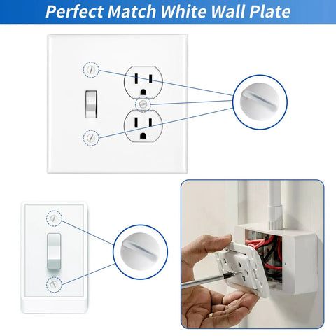 Top Shelf 120 Piece White Wall Plate Screw Kit With Four Standard Thread Sizes For Outlet Covers Light Switches And Faceplate Fasteners No Sweat Setup Smooth Install Daily on white wall plate with screws visible.