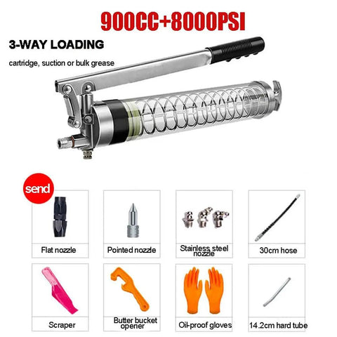 Workhorse Heavy Duty Lever Action Grease Gun With Three Way Loading 8000 PSI 900cc Capacity showing components