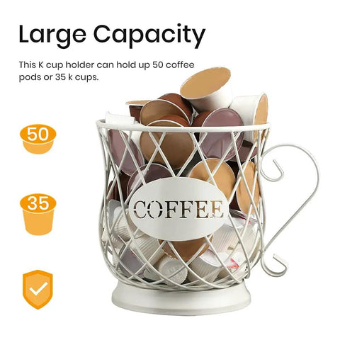 White Wire K Cup Storage Organizer For 35 Pods Space Saving Coffee Pod Holder, wire cup shape, filled with coffee pods.