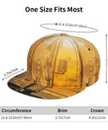 Yellow Road Trip Ready Flat Brim Snapback Cap For Men And Women with sizing details and RV print, fits 22.4-23.6 inches