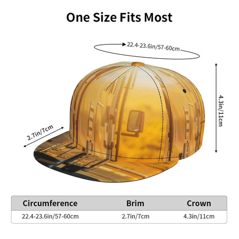 Yellow Road Trip Ready Flat Brim Snapback Cap For Men And Women with sizing details and RV print, fits 22.4-23.6 inches