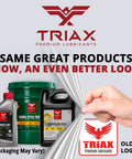 Triax premium lubricants packaging update with new logo, showing bottles and containers in updated design.