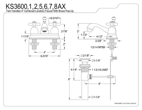 Technical drawing of Brushed Brass Centerset Bathroom Faucet With Solid Brass Construction Drip Free Ceramic Disc Deck Mount 4 Inch Centerset 3 Hole Installation One Point Two GPM At 60 PSI With One Point Five Inch Spout Clearance Classic 19th Century Style