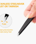 4 Piece Stainless Steel Tweezers Set Black Finish For Precision Grooming And Brow Game shown with slanted tips and anti-rust feature