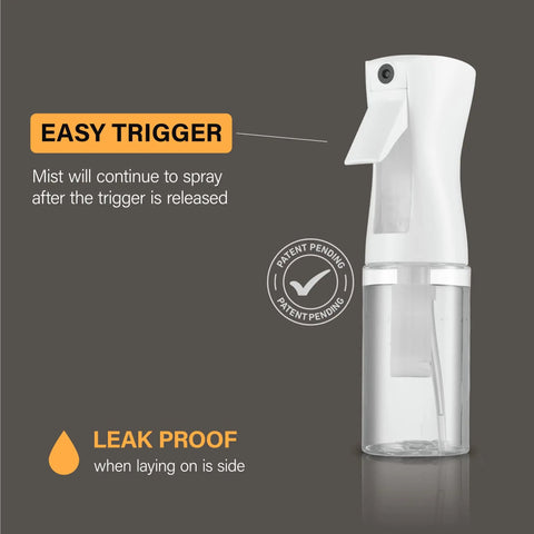 Two Pack Continuous Spray Bottles With Ultra Fine Mist For Hair Styling And Salons Premium Mister Sprayer For Even Coverage 6.8 Oz Each Refillable Water Spray Bottle For Hair Cleaning And Styling shown with easy trigger and leak-proof design.