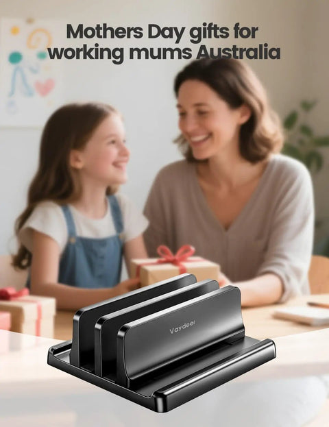 Vertical Laptop Stand For Desk With Dual Slots Space Saving 4 In 1 Design Adjustable Width Laptop Organizer, mother and child