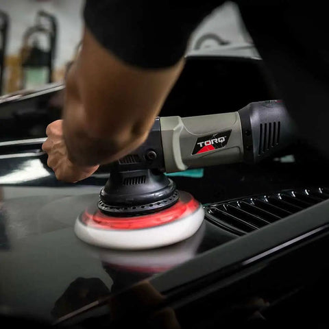 Using Hex-Logic Quantum Buffing Pad Sampler Kit Four Pad Set for Pro Polishing, Compounding, and Waxing on car hood.