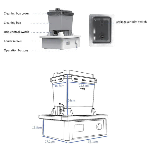 Dope Dual Bin Resin Washer For 3D Printers, side view showing touch screen, cleaning box, and operational controls.