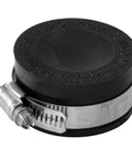 Qwik Cap 2 Pack 1.5 Inch Flexible PVC Pipe Cap With Stainless Steel Clamps Black For A Tight Seal And Fast Fit Durable PVC Caplets That Make Quick Plumbing Fixes And Leak Prevention A Breeze. Black 1.5-inch PVC pipe cap with stainless steel clamp, side view