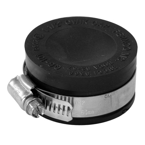 Qwik Cap 2 Pack 1.5 Inch Flexible PVC Pipe Cap With Stainless Steel Clamps Black For A Tight Seal And Fast Fit Durable PVC Caplets That Make Quick Plumbing Fixes And Leak Prevention A Breeze. Black 1.5-inch PVC pipe cap with stainless steel clamp, side view