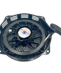 Genuine Recoil Starter 28400-Z5T-306ZB Replacement For Honda EB4000X shown overhead, black plastic with pull cord handle.