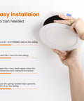 Hand holding Six Pack Ultra Thin 6 Inch LED Recessed Ceiling Light with installation instructions, no hassle install
