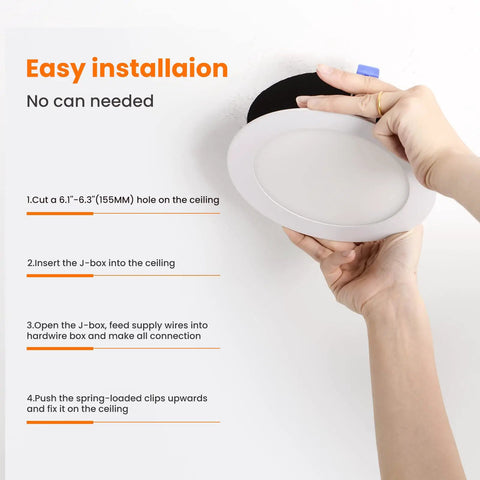 Hand holding Six Pack Ultra Thin 6 Inch LED Recessed Ceiling Light with installation instructions, no hassle install
