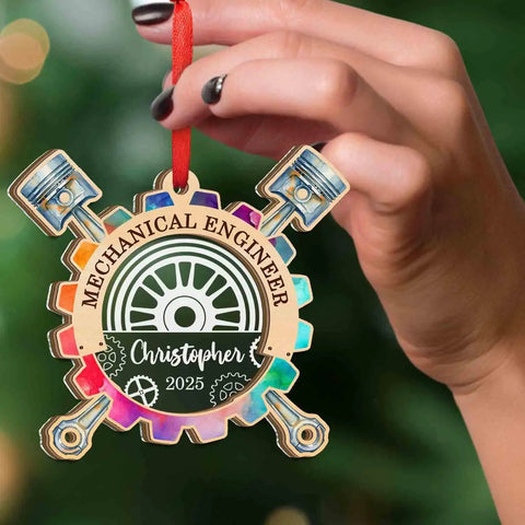 Hand holding Personalized Mechanical Engineer Ornament with Name and Year, wooden and acrylic two layer Christmas keepsake