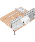 Precision Router Lift System For Woodworking Benches Boasting Rock Solid Aluminum Build And Sweet 47 Millimeter Micro Adjustments, side view showing the adjustable track and mounting bolts.